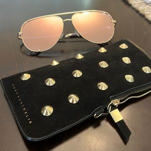 Quay x Desi oversized aviators in gold with carrying case